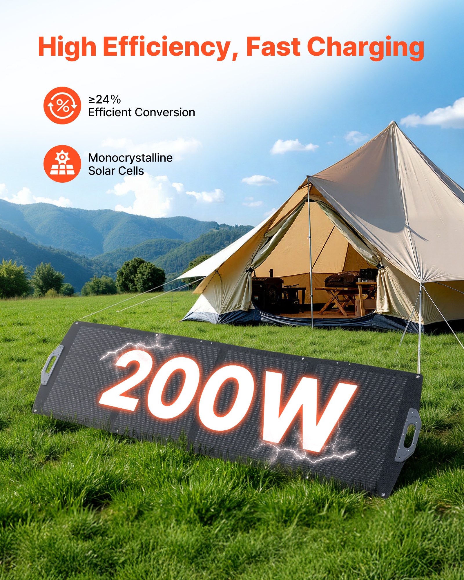 VEVOR 200W opvouwbaar zonnepaneel, draagbare zonnemodule met 24% rendement, IP67 waterdichte monokristallijne zonnecellen, mobiele zonneoplader met USB-A, Type-C en DC-poort voor kamperen en noodgevallen buitenshuis.