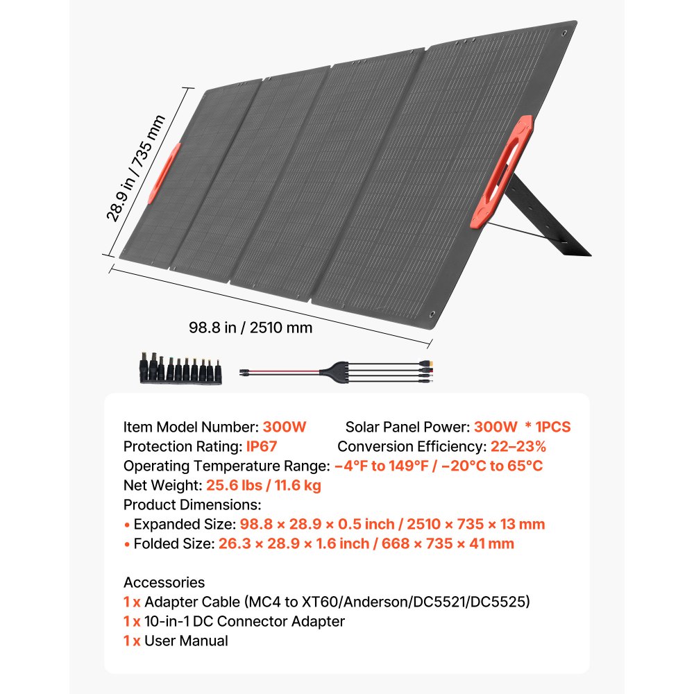 VEVOR Monokristallijne zonnepanelen 300W opvouwbaar, ETFE zonnepaneellader met MC4-uitgang en 10-in-1 DC-adapters, IP67 waterdicht, balkon-powerstation voor kamperen en wandelen
