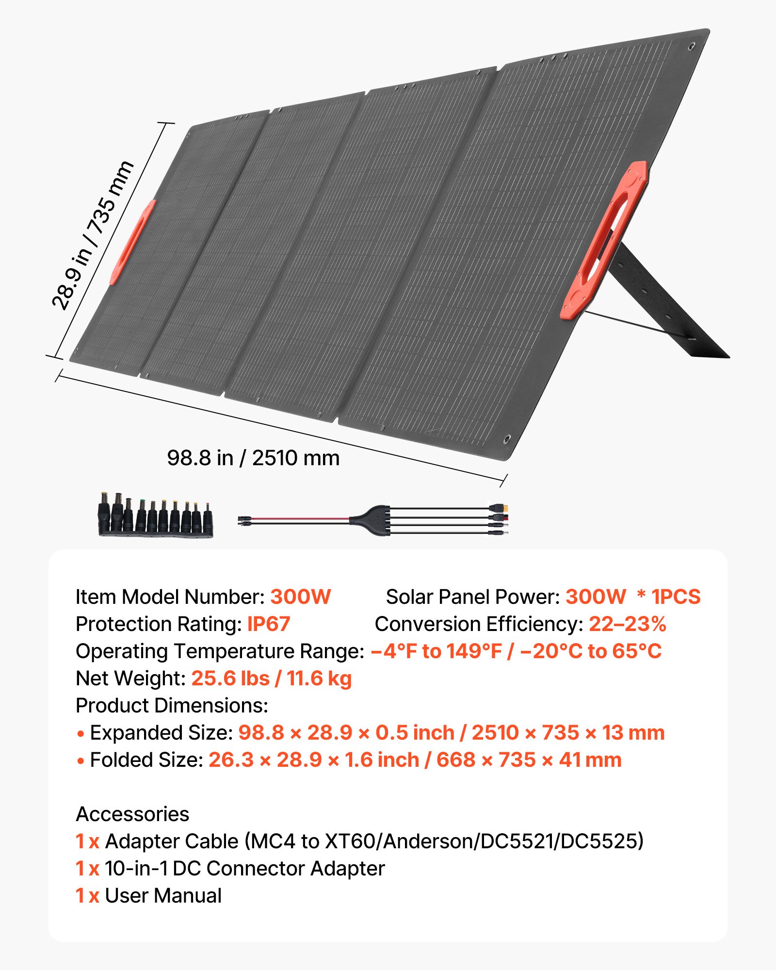 VEVOR Monokristallijne zonnepanelen 300W opvouwbaar, ETFE zonnepaneellader met MC4-uitgang en 10-in-1 DC-adapters, IP67 waterdicht, balkon-powerstation voor kamperen en wandelen