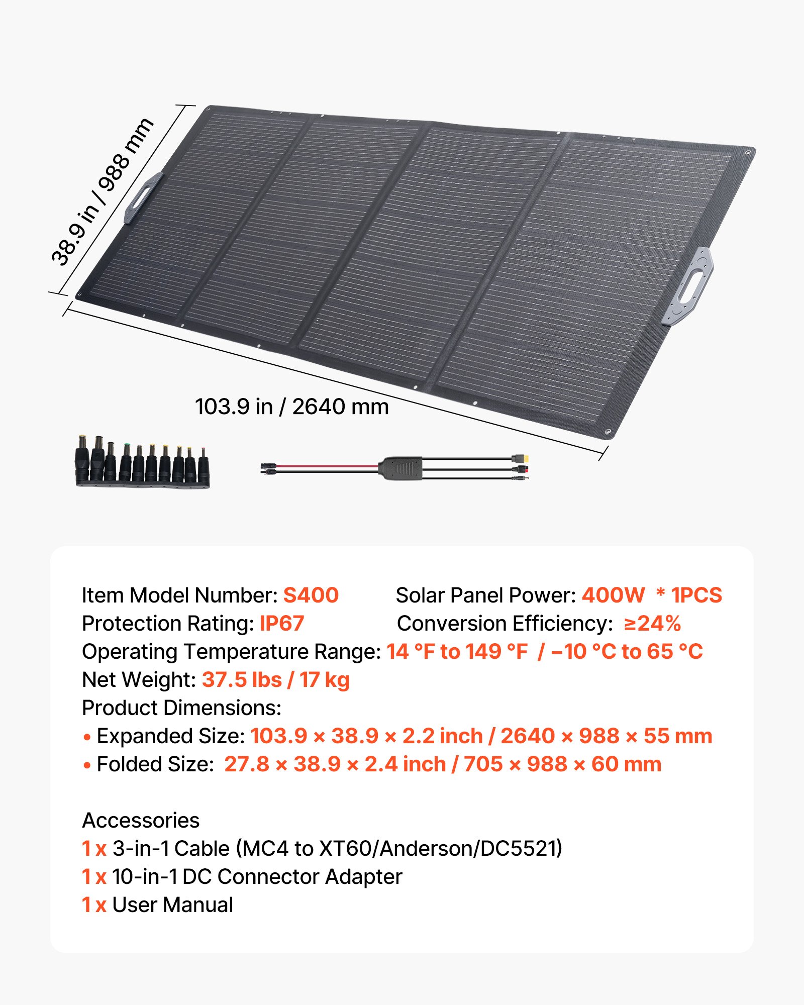 VEVOR opvouwbaar zonnepaneel 400W, draagbare zonneoplader met 24% hoog rendement, monokristallijne zonnemodule met MC4-uitgang en 10-in-1 DC-adapter, IP67, voor powerstations, kamperen en wandelen.