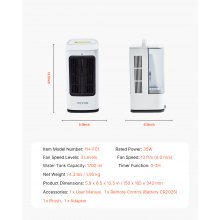 VEVOR Draagbare Airconditioner 4-in-1 Verdamper Luchtkoeler 1700ml Watertank Timer