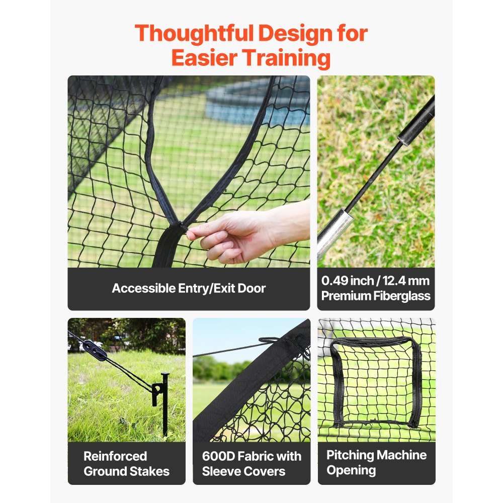 VEVOR Baseball Batting Cage, 12.0 x 10.2 x 7.6 FT Freestanding Portable Batting Cage, Hitting Cages with 4-Ply Knotless Polyester & Pitching Machine Opening, Battings Cages Netting for Indoor Outdoor