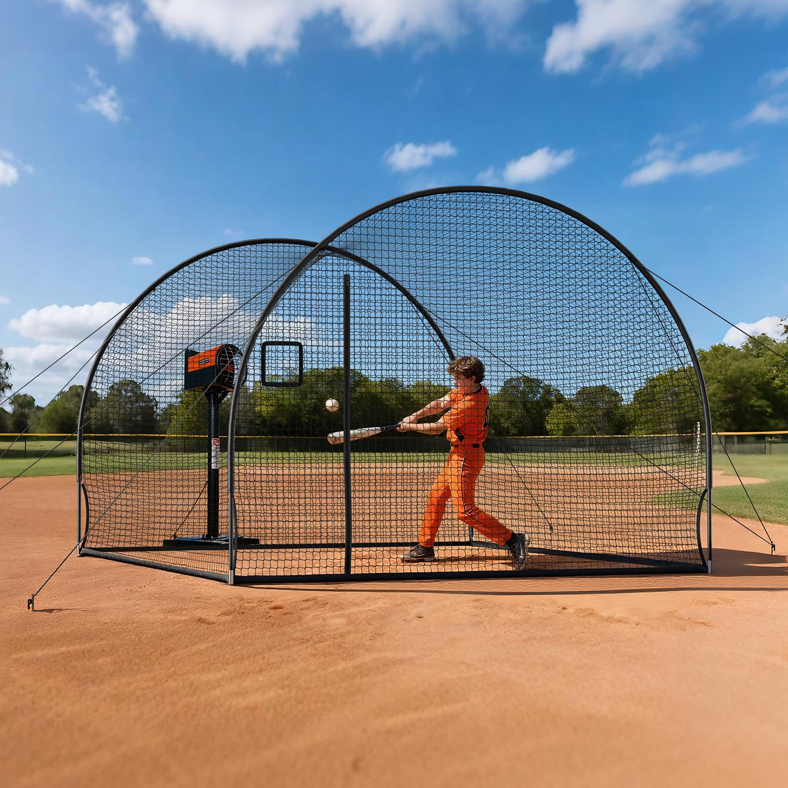 VEVOR Baseball Batting Cage, 12.0 x 10.2 x 7.6 FT Freestanding Portable Batting Cage, Hitting Cages with 4-Ply Knotless Polyester & Pitching Machine Opening, Battings Cages Netting for Indoor Outdoor