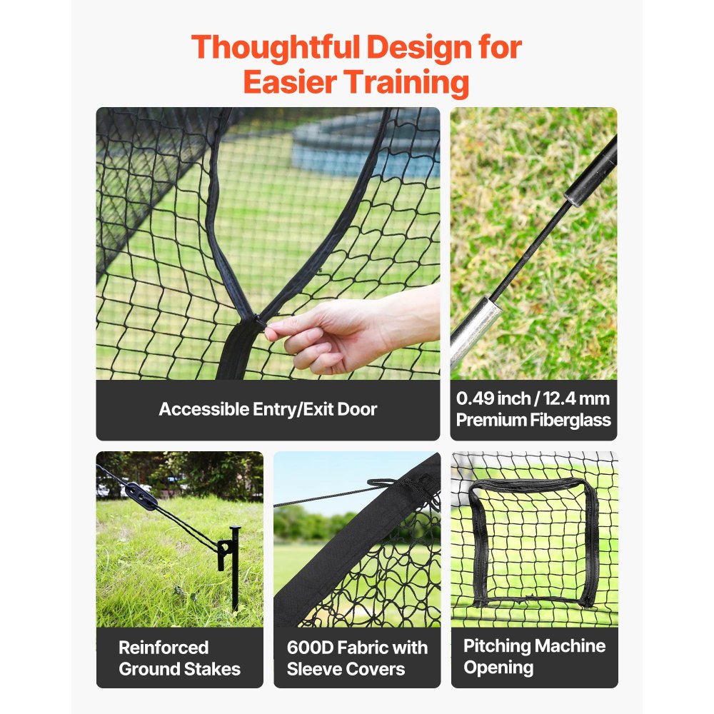 VEVOR honkbal slagkooi (halfrond) net 678x370x240 cm, draagbaar trainingsnet met 4-laags en knooploos polyesterweefsel en opening voor werpmachines, incl. softbal trainingskooi net