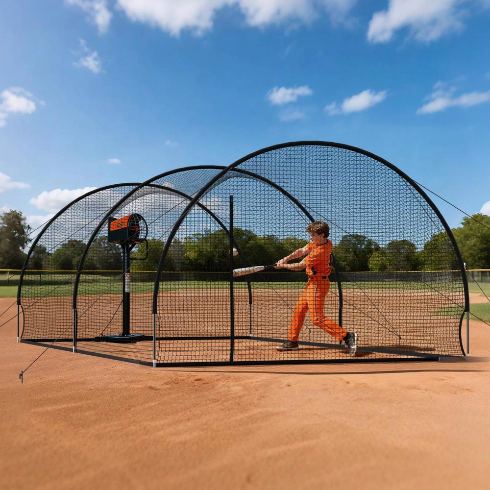VEVOR honkbal slagkooi (halfrond) net 678x370x240 cm, draagbaar trainingsnet met 4-laags en knooploos polyesterweefsel en opening voor werpmachines, incl. softbal trainingskooi net