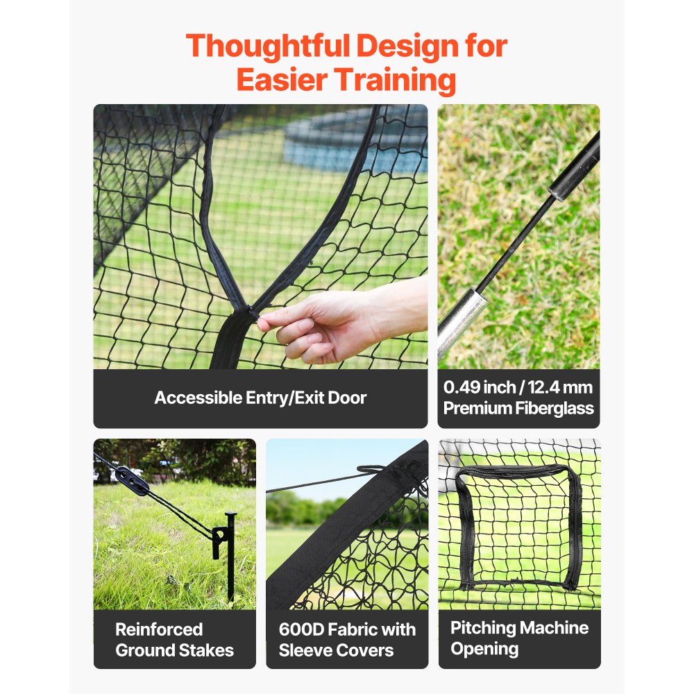 VEVOR Baseball Batting Cage, 33.0 x 12.0 x 9.8 FT Freestanding Portable Batting Cage, Hitting Cages with 4-Ply Knotless Polyester & Pitching Machine Opening, Battings Cages Netting for Indoor Outdoor