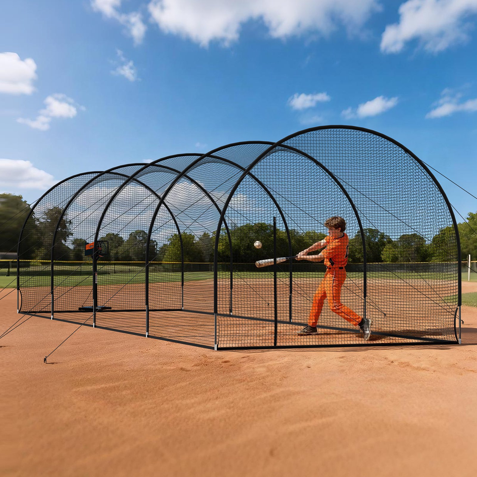 VEVOR honkbal slagkooi (halfrond) net 1220x370x305 cm, draagbaar trainingsnet met 4-laags en knooploos polyesterweefsel en opening voor werpmachines, incl. softbal trainingskooi net