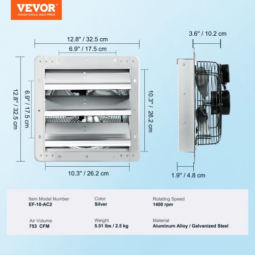 Aygrochy 300 mm adjustable drain fan, industrial wall fan, 1520 m³/h, ventilation and cooling for greenhouses, garages loft and kitchen