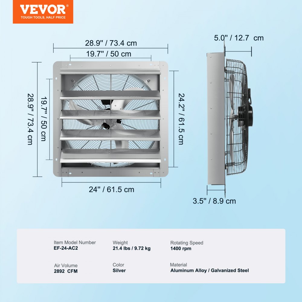 VEVOR Shutter Exhaust Fan, 610 mm High-speed 1400RPM 2892 CFM, Aluminum Wall Mount Attic Fan with AC-motor, Ventilation and Cooling for Greenhouses, Garages, Sheds, Shops
