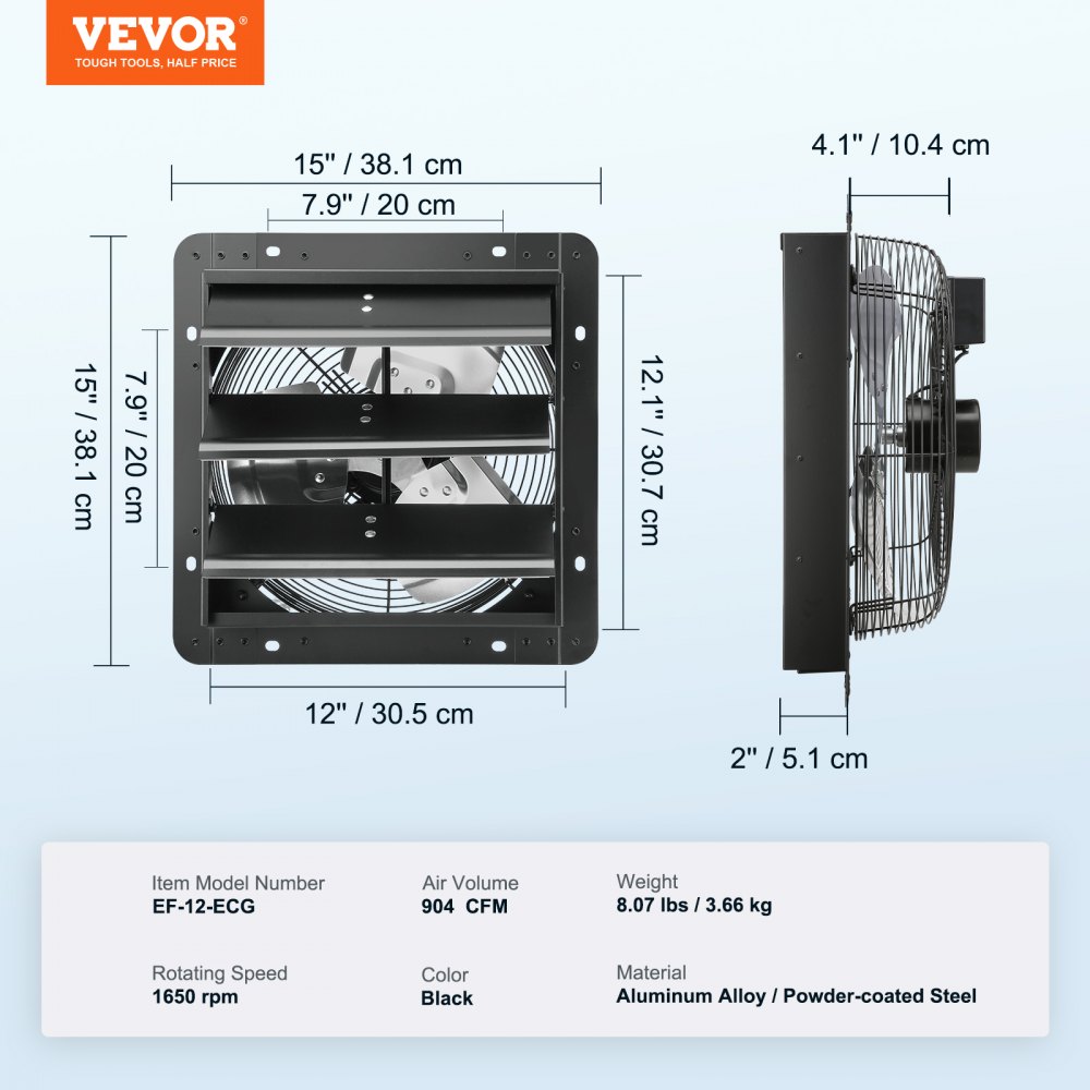 VEVOR 305 mm afzuigventilator, temperatuur-vochtigheidsregeling, EC-motor, 904 CFM, wandventilator met variabele snelheidsregeling, ventilatie en koeling voor kassen, garages