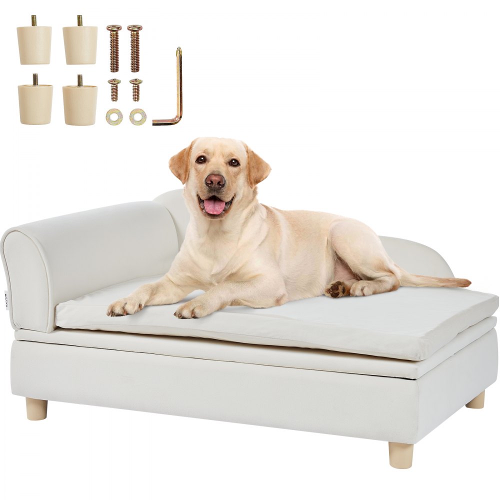 yellow dog lounging on a VEVOR pet sofa with assembly parts displayed above.