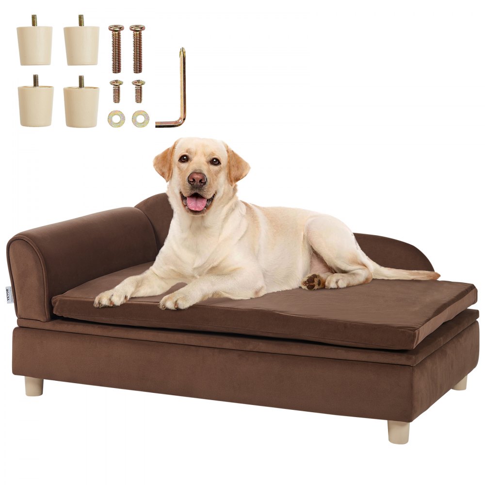 dog lounging on a brown VEVOR dog sofa with hardware and assembly tools displayed above.