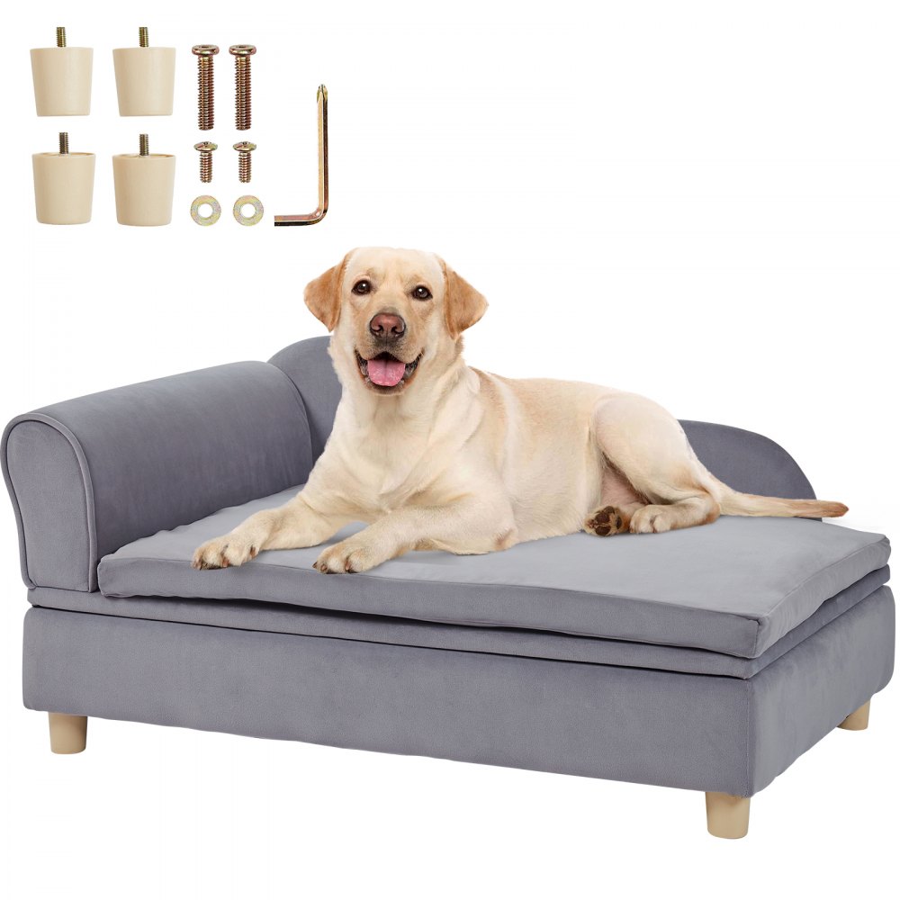 lab resting on a gray VEVOR dog sofa, hardware shown including legs, screws, washers, and an allen key.