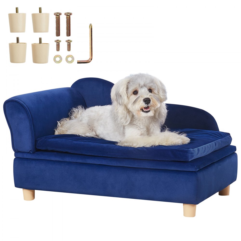 VEVOR pet sofa in navy blue with assembly parts included, showcasing a dog lounging comfortably.