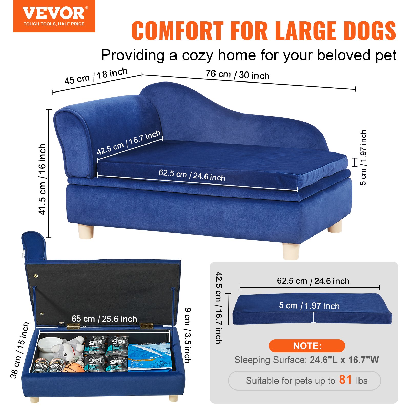 VEVOR Hondenslaapbank 760 x 450 x 415 mm Hondenbank voor middelgrote honden en katten Zacht fluwelen hondenslaapbank 36 kg Zware kattensofa Hondenbed Huisdierbed Blauw