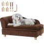 white dog lounging on a brown VEVOR pet sofa with assembly hardware shown.