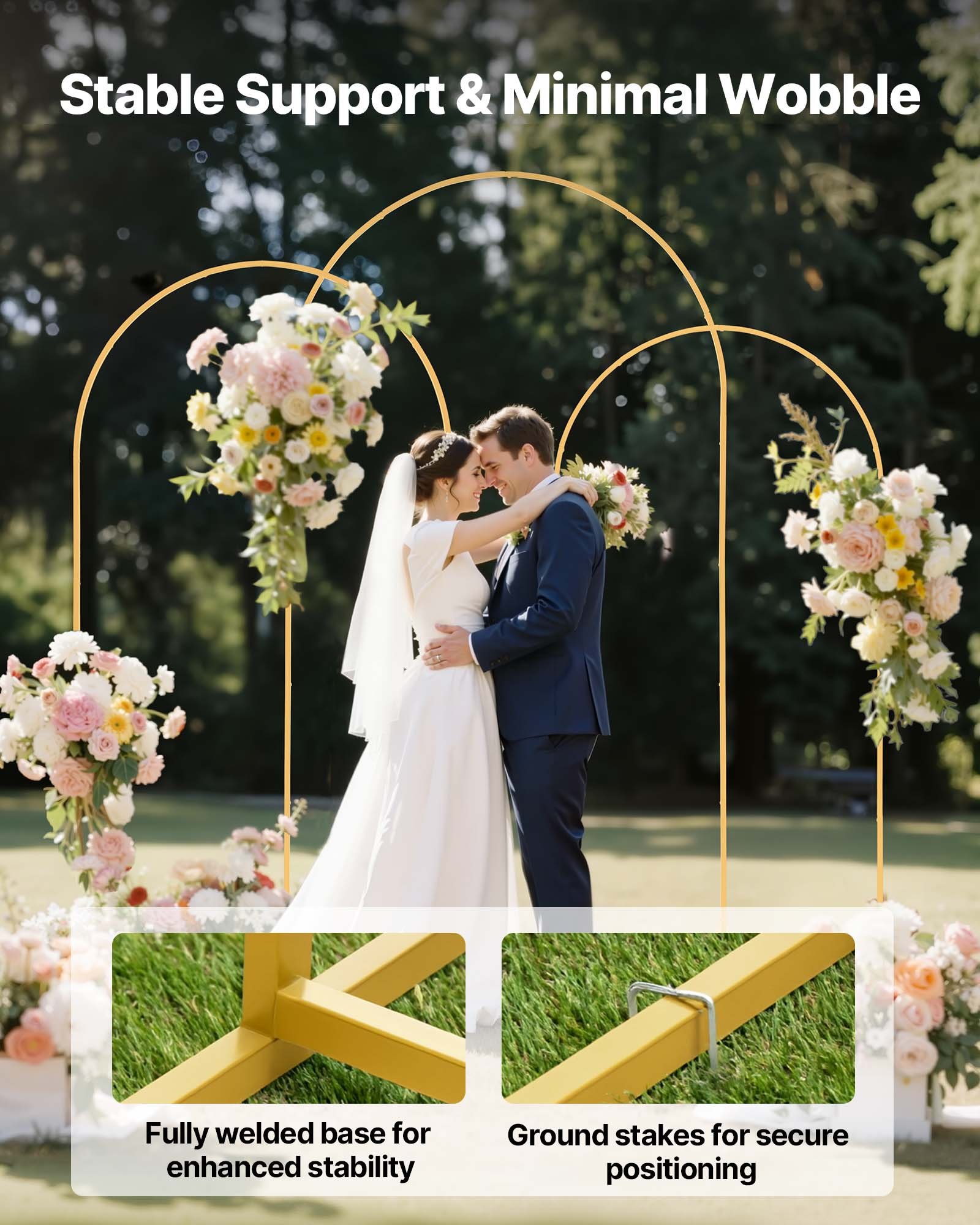 VEVOR Arch Backdrop Stand, Set of 3, 2.4/2.2/2 m, Stable Structure, Easy Assembly, Gold Metal Arch Backdrop Stand for Wedding, Birthday Party, Graduation, Holiday Celebration, and Ceremony Decoration