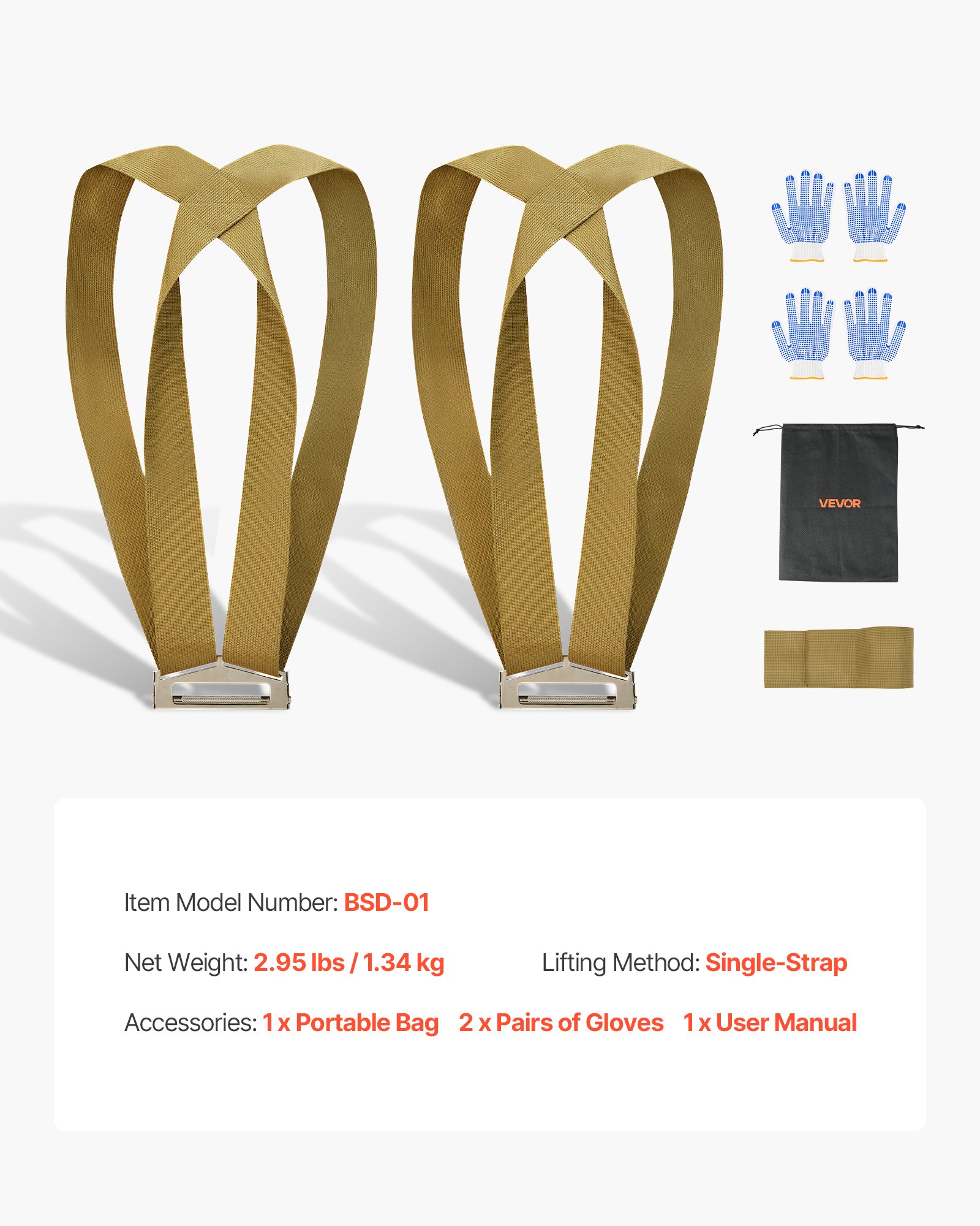 VEVOR Moving Straps, Supports up to 1000 lbs, 2-Person Lifting and Moving System with 2 Harness Straps & 1 Load-bearing Strap, Adjustable Lifting Shoulder Straps Move Furniture Appliances Mattresses