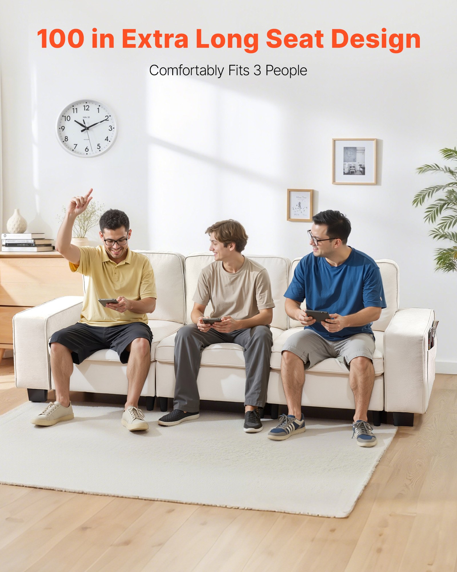 VEVOR 3 Steater Sofa, Modular Sectional Couch with Bottom Storage Space, Modern Comfy Cloud Sofa with Side Storage Pockets and Metal Frame, Ideal for Living Room, Bedroom, Apartment and Office, White