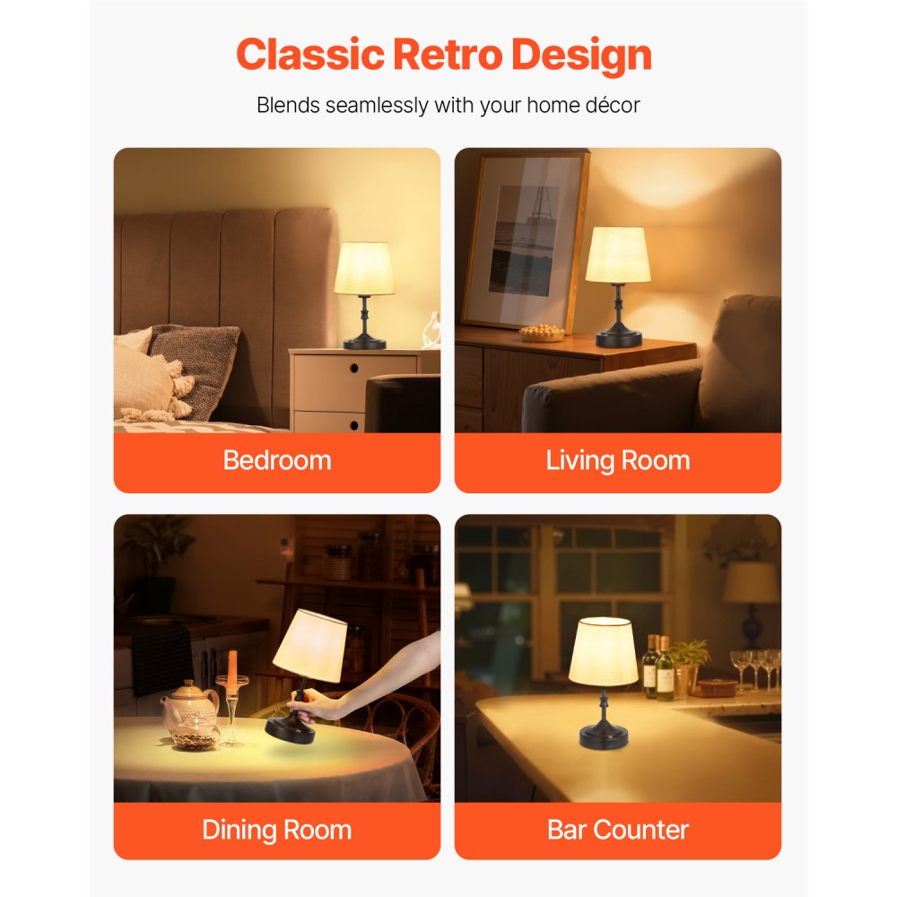 VEVOR Cordless Table Lamp, 5200mAh Built-in Rechargeable Battery Small Desk Lamp, 3-Level Brightness, Fabric Shade, 2700-3000K Color Temperature, Table Light for Restaurant, Bedroom, Bars, Black