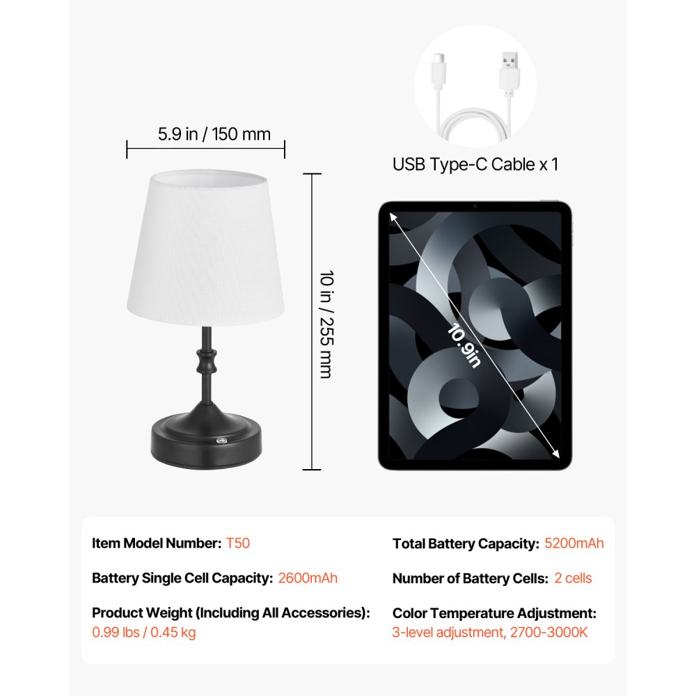 VEVOR Cordless Table Lamp, 5200mAh Built-in Rechargeable Battery Small Desk Lamp, 3-Level Brightness, Fabric Shade, 2700-3000K Color Temperature, Table Light for Restaurant, Bedroom, Bars, Black