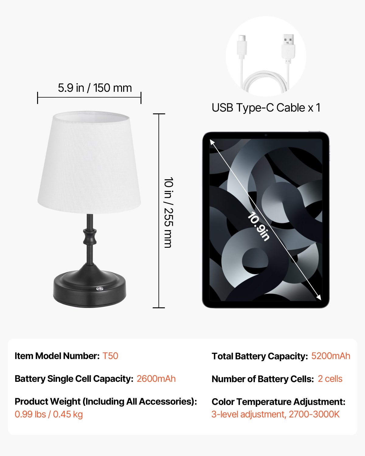VEVOR Cordless Table Lamp, 5200mAh Built-in Rechargeable Battery Small Desk Lamp, 3-Level Brightness, Fabric Shade, 2700-3000K Color Temperature, Table Light for Restaurant, Bedroom, Bars, Black