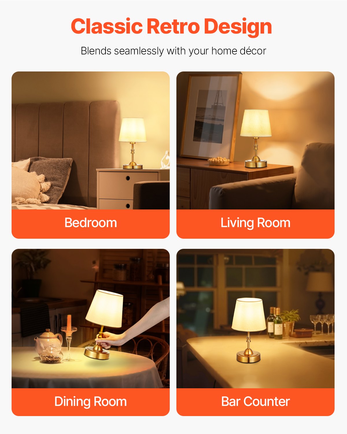 VEVOR Cordless Table Lamp, 5200mAh Built-in Rechargeable Battery Small Desk Lamp, 3-Level Brightness, Fabric Shade, 2700-3000K Color Temperature, Table Light for Restaurant, Bedroom, Bars, Gold