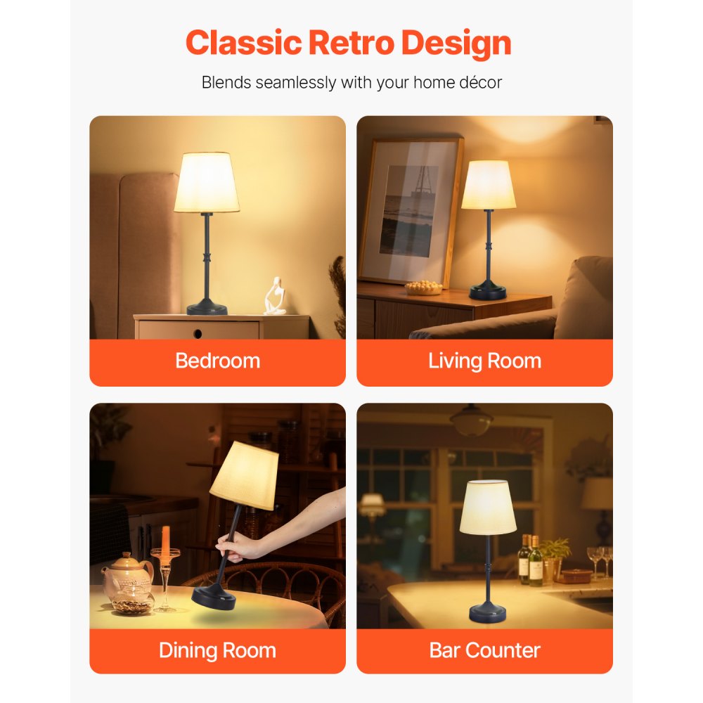 VEVOR Cordless Table Lamp, 2 Pack, 5200mAh Built-in Rechargeable Battery Desk Lamp, 3-Level Brightness, Fabric Shade, 2700-3000K Color Temperature, Table Light for Restaurant, Bedroom, Bars, Black