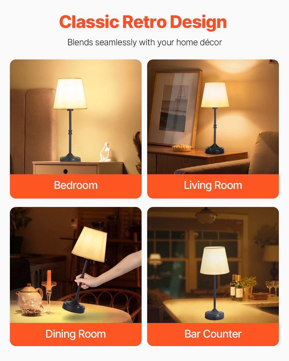 VEVOR Cordless Table Lamp, 2 Pack, 5200mAh Built-in Rechargeable Battery Desk Lamp, 3-Level Brightness, Fabric Shade, 2700-3000K Color Temperature, Table Light for Restaurant, Bedroom, Bars, Black