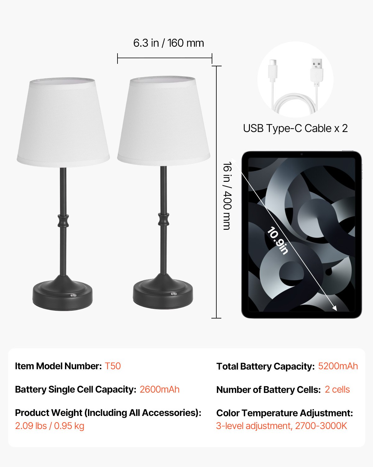 VEVOR Cordless Table Lamp, 2 Pack, 5200mAh Built-in Rechargeable Battery Desk Lamp, 3-Level Brightness, Fabric Shade, 2700-3000K Color Temperature, Table Light for Restaurant, Bedroom, Bars, Black