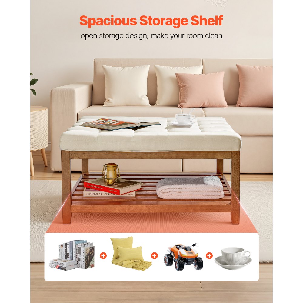 VEVOR Vierkante salontafel (875 x 875 x 445 mm) met massief houten opbergplank, massief gestoffeerde voetenbank met linnen voetenbank voor slaapkamer/woonkamer, 181,44 kg, crèmewit