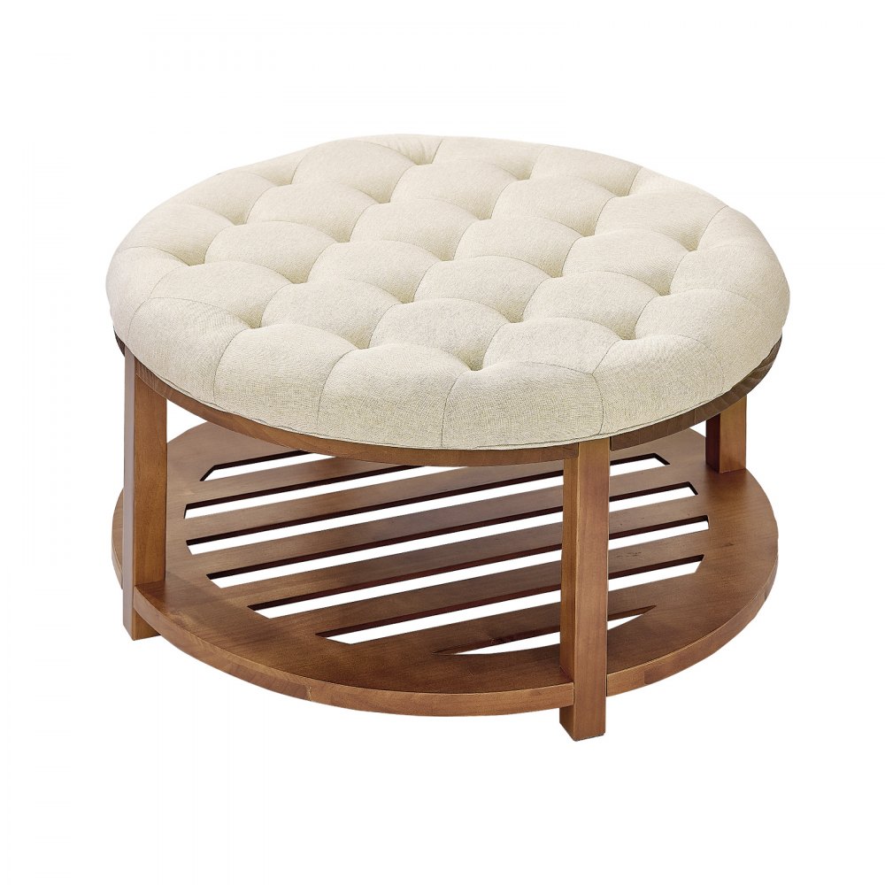 VEVOR Large Round Ottoman Coffee Table, 31.9 Inch Tufted Coffee Table with Solid Wood Shelf Storage, Linen Solid Upholstered Footrest Ottoman for Bedroom Living Room, 350 LBS, Linen Color