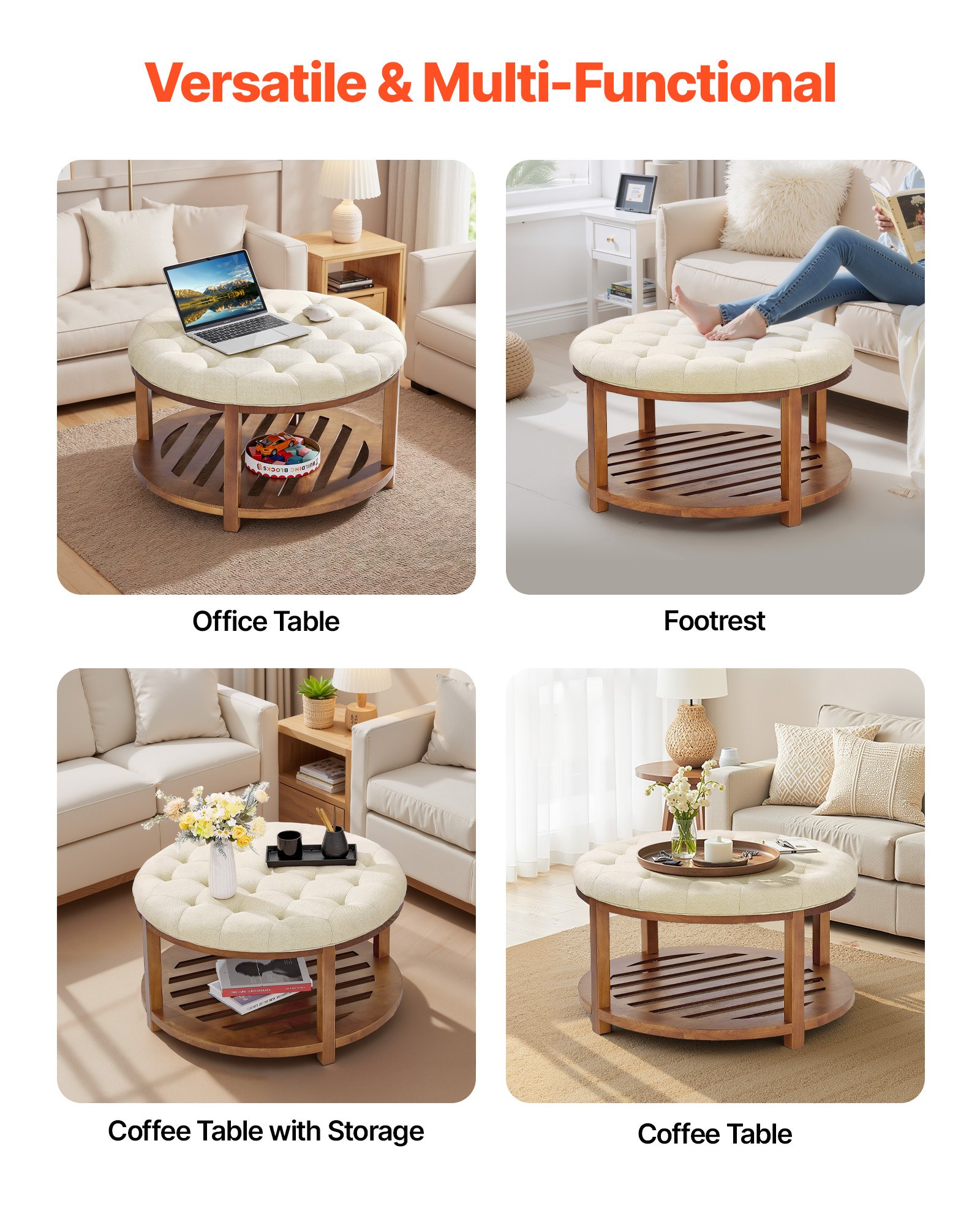 VEVOR Large Round Ottoman Coffee Table, 31.9 Inch Tufted Coffee Table with Solid Wood Shelf Storage, Linen Solid Upholstered Footrest Ottoman for Bedroom Living Room, 350 LBS, Linen Color