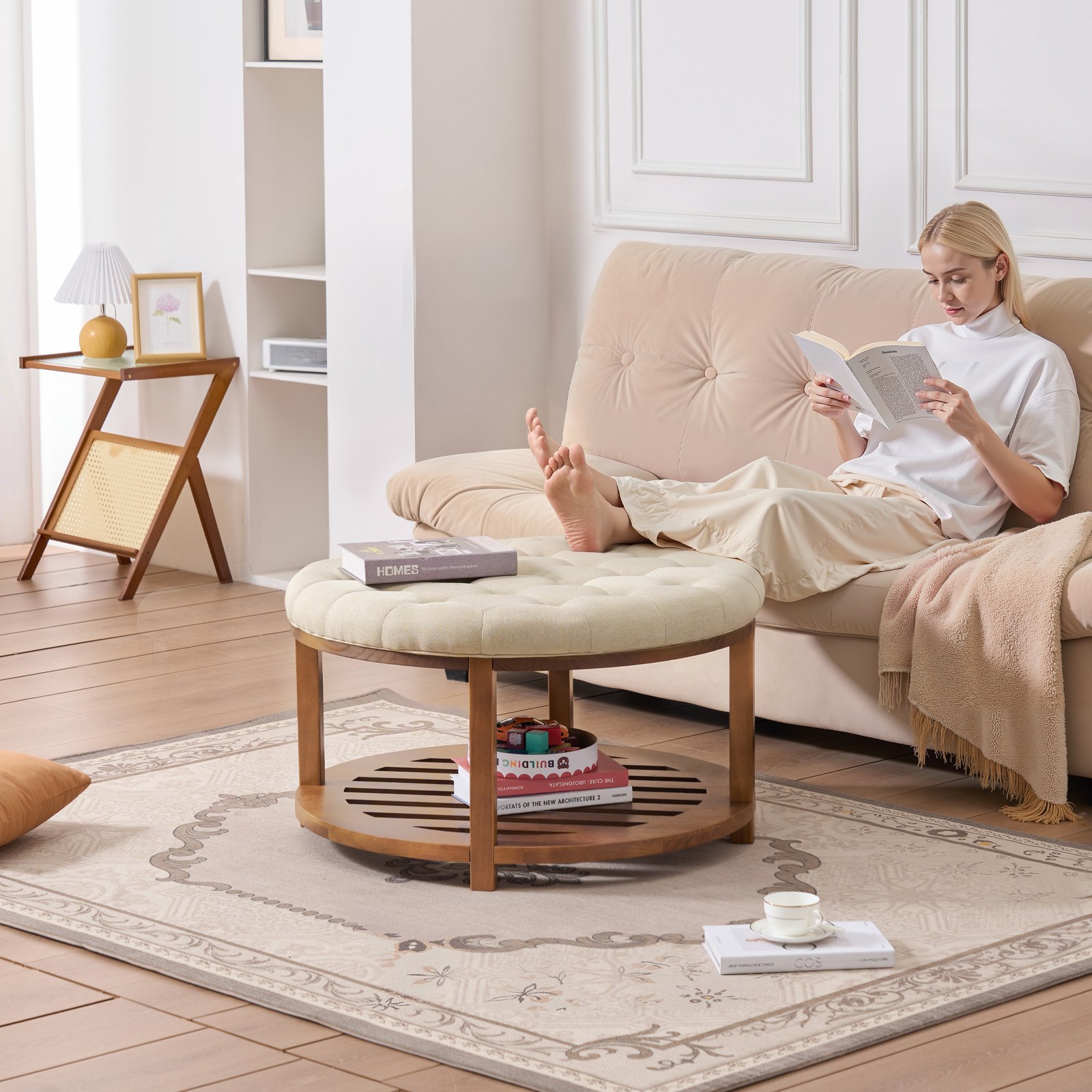 VEVOR Large Round Ottoman Coffee Table, 31.9 Inch Tufted Coffee Table with Solid Wood Shelf Storage, Linen Solid Upholstered Footrest Ottoman for Bedroom Living Room, 350 LBS, Linen Color