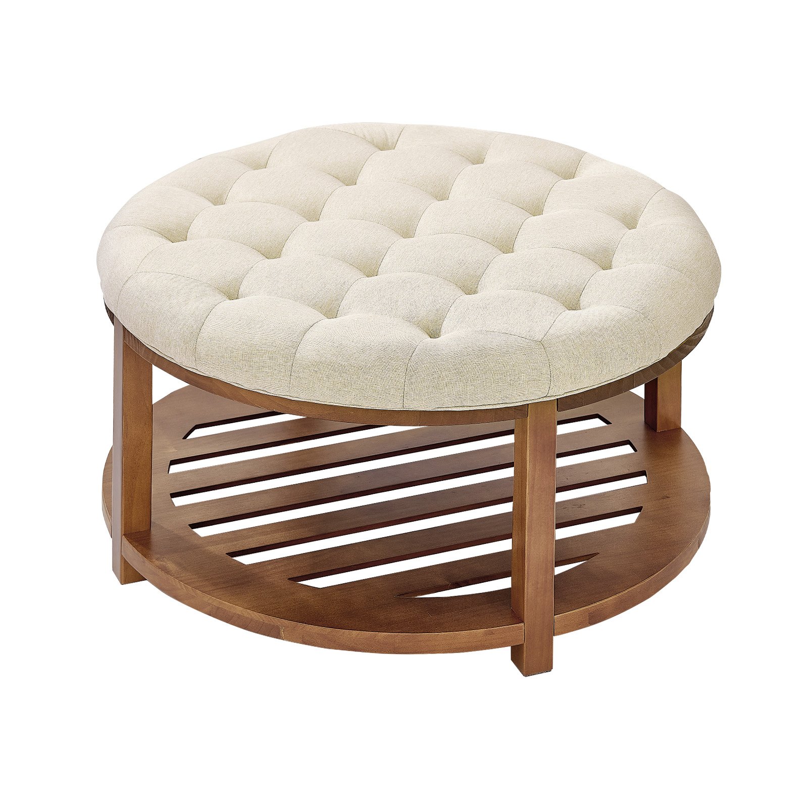 VEVOR Large Round Ottoman Coffee Table, 31.9 Inch Tufted Coffee Table with Solid Wood Shelf Storage, Linen Solid Upholstered Footrest Ottoman for Bedroom Living Room, 350 LBS, Linen Color