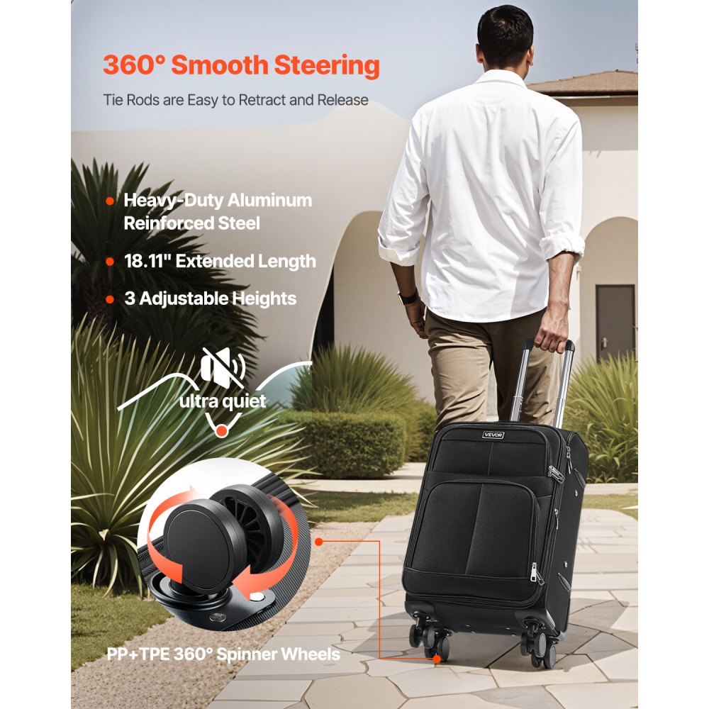 VEVOR Softside Expandable Luggage with Spinner Wheels, 20 inch / 50.8 cm Softside Carry on Luggage, Lightweight Checked Suitcase with Expandable Zippered Pocket and TSA Lock, Black