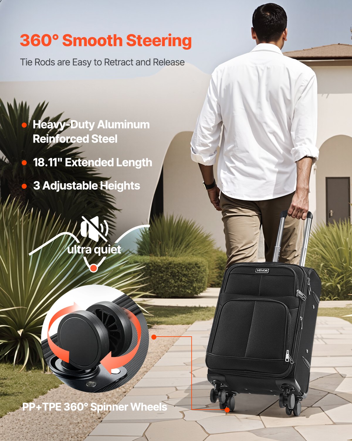 VEVOR Softside Expandable Luggage with Spinner Wheels, 20 inch / 50.8 cm Softside Carry on Luggage, Lightweight Checked Suitcase with Expandable Zippered Pocket and TSA Lock, Black
