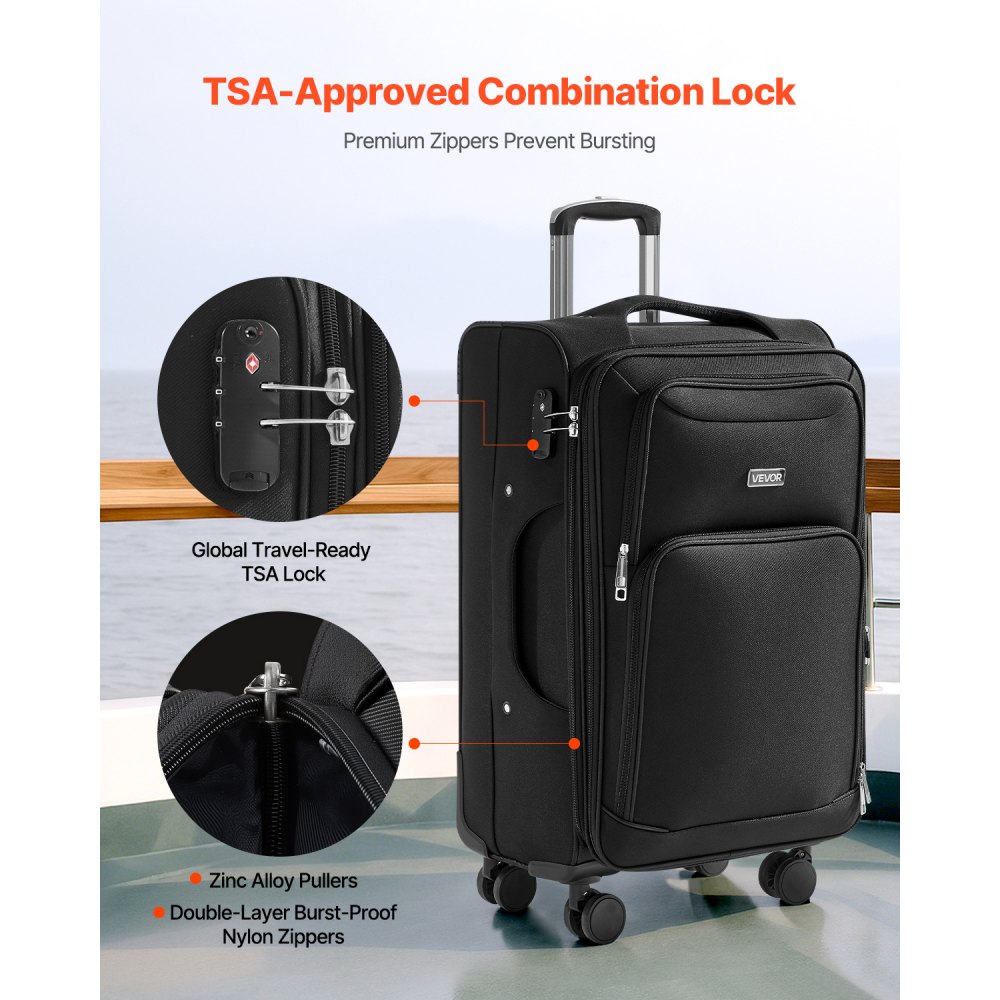 VEVOR Softside Expandable Luggage with Spinner Wheels, 24 inch / 61 cm Softside Checked Medium Luggage, Lightweight Checked Suitcase with Expandable Zippered Pocket and TSA Lock, Black