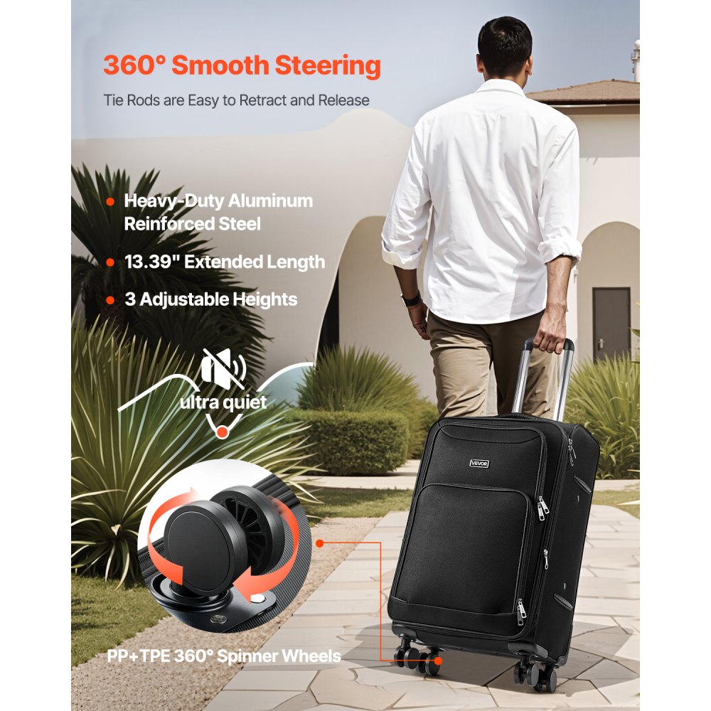VEVOR Softside Expandable Luggage with Spinner Wheels, 24 inch / 61 cm Softside Checked Medium Luggage, Lightweight Checked Suitcase with Expandable Zippered Pocket and TSA Lock, Black