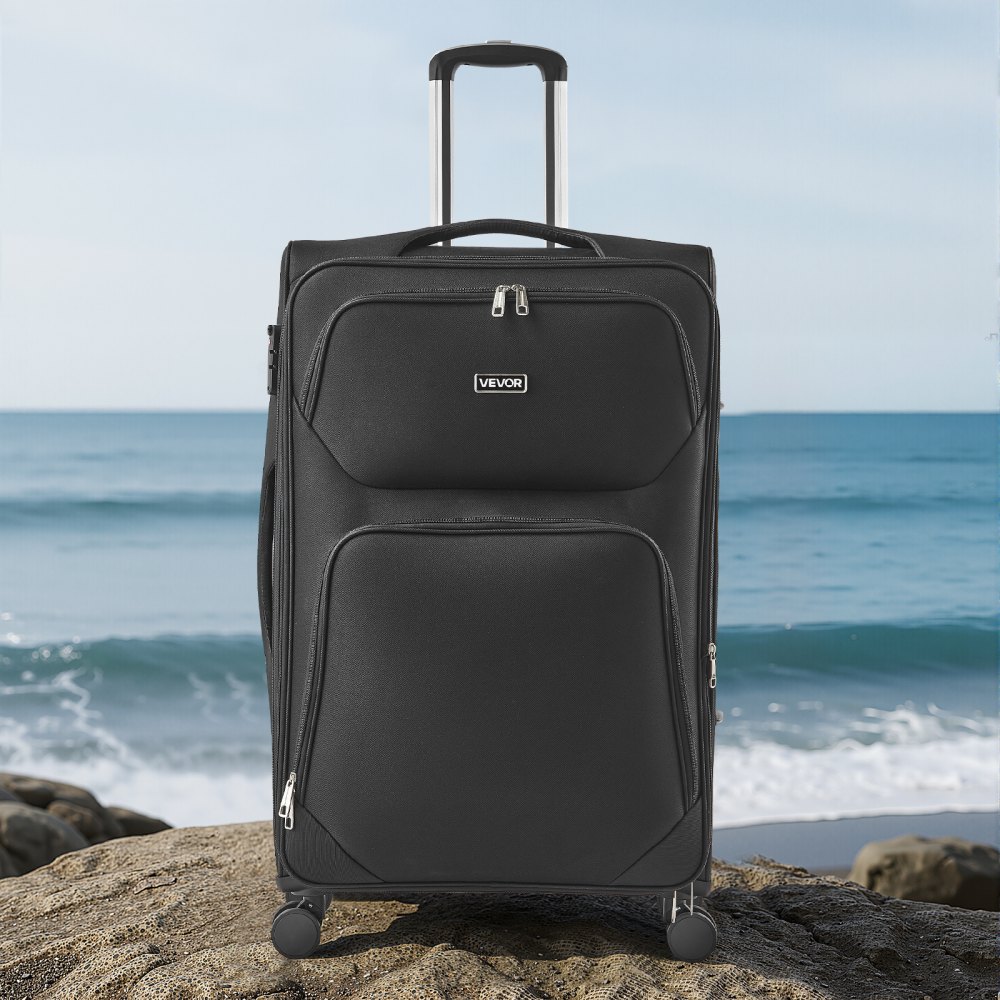 VEVOR Softside Expandable Luggage with Spinner Wheels, 24 inch / 71 cm Softside Checked Large Luggage, Lightweight Checked Suitcase with Expandable Zippered Pocket and TSA Lock, Black