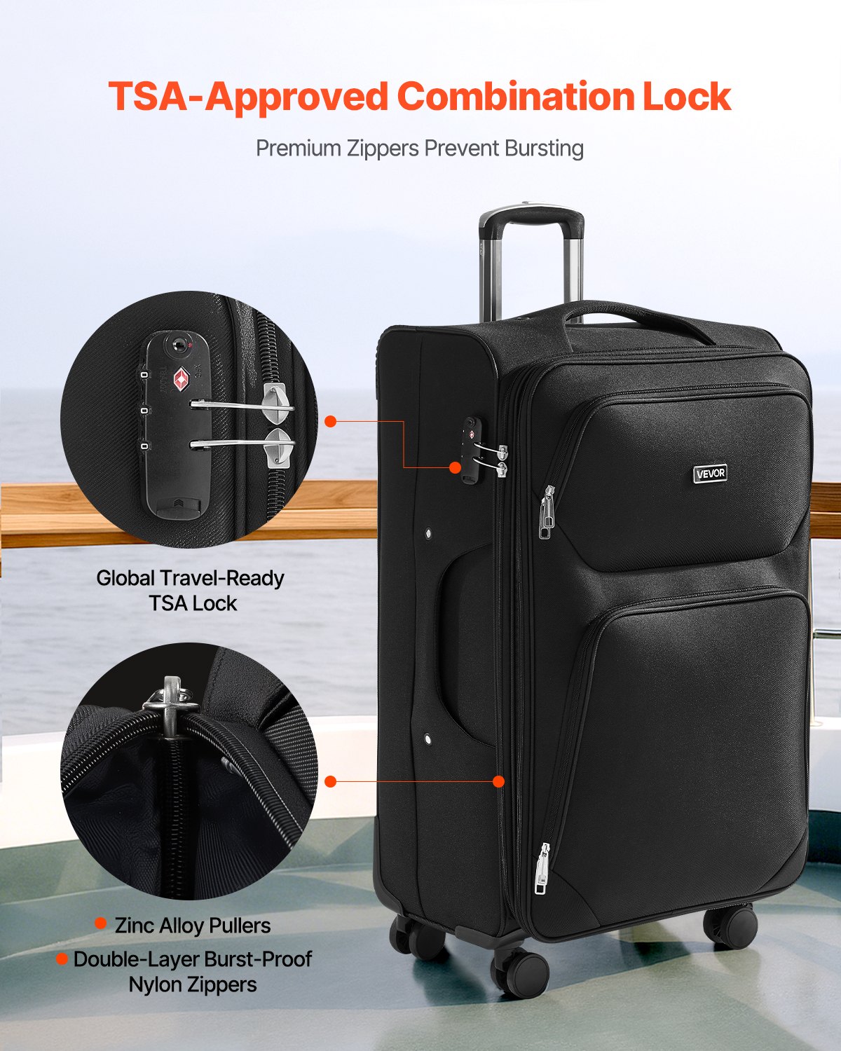 VEVOR Softside Expandable Luggage with Spinner Wheels, 24 inch / 71 cm Softside Checked Large Luggage, Lightweight Checked Suitcase with Expandable Zippered Pocket and TSA Lock, Black