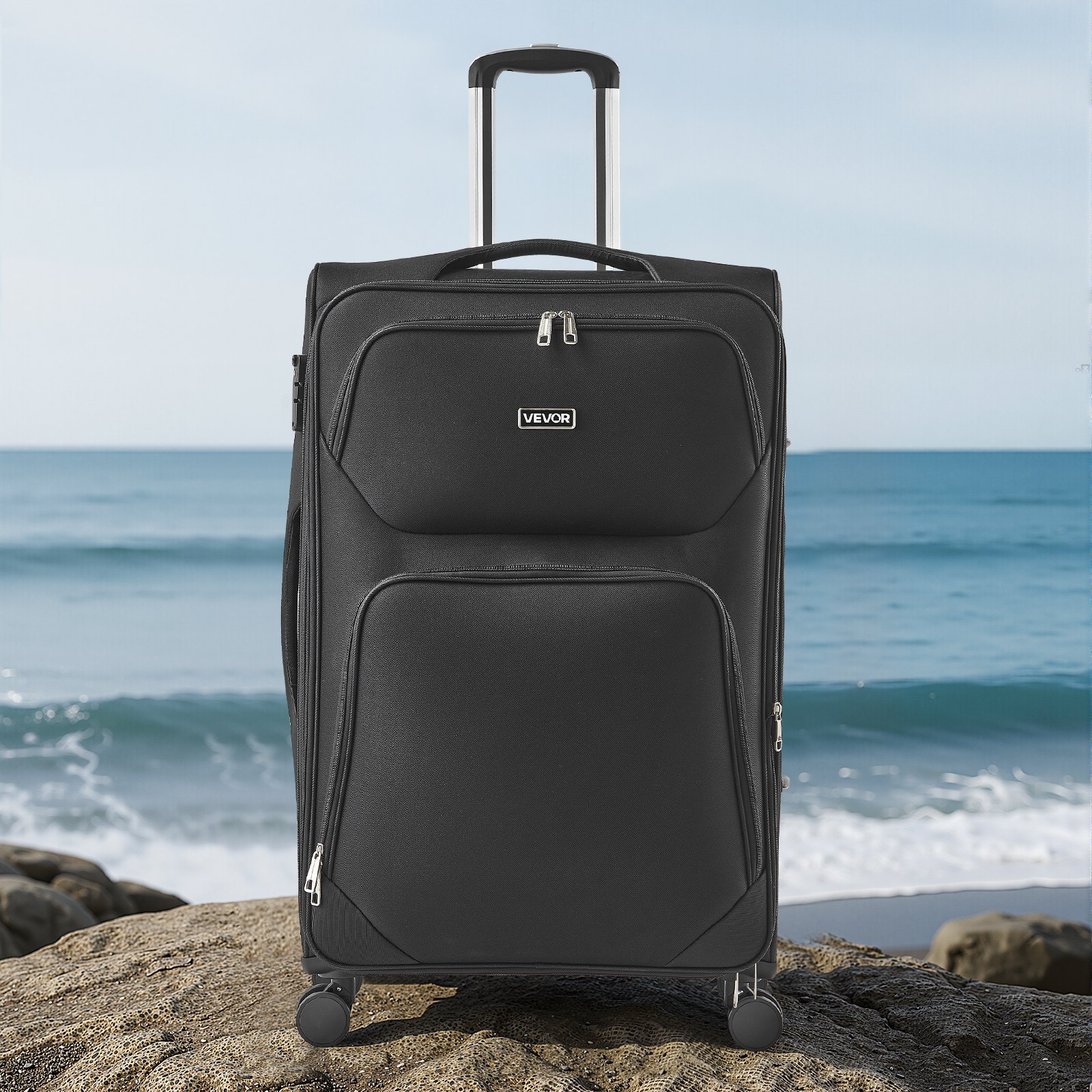 VEVOR Softside Expandable Luggage with Spinner Wheels, 24 inch / 71 cm Softside Checked Large Luggage, Lightweight Checked Suitcase with Expandable Zippered Pocket and TSA Lock, Black