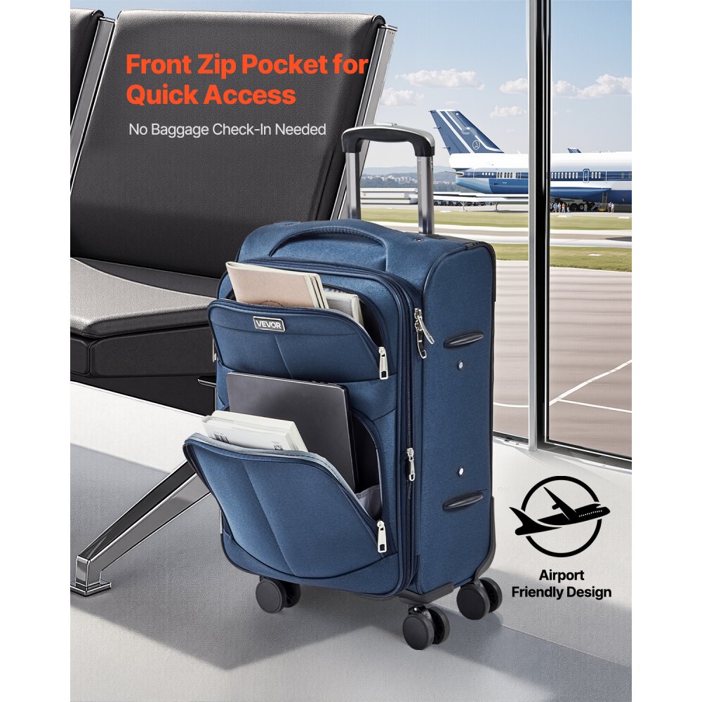 VEVOR Softside Expandable Luggage with Spinner Wheels, 20 inch / 50.8 cm Softside Carry on Luggage, Lightweight Checked Suitcase with Expandable Zippered Pocket and TSA Lock, Blue