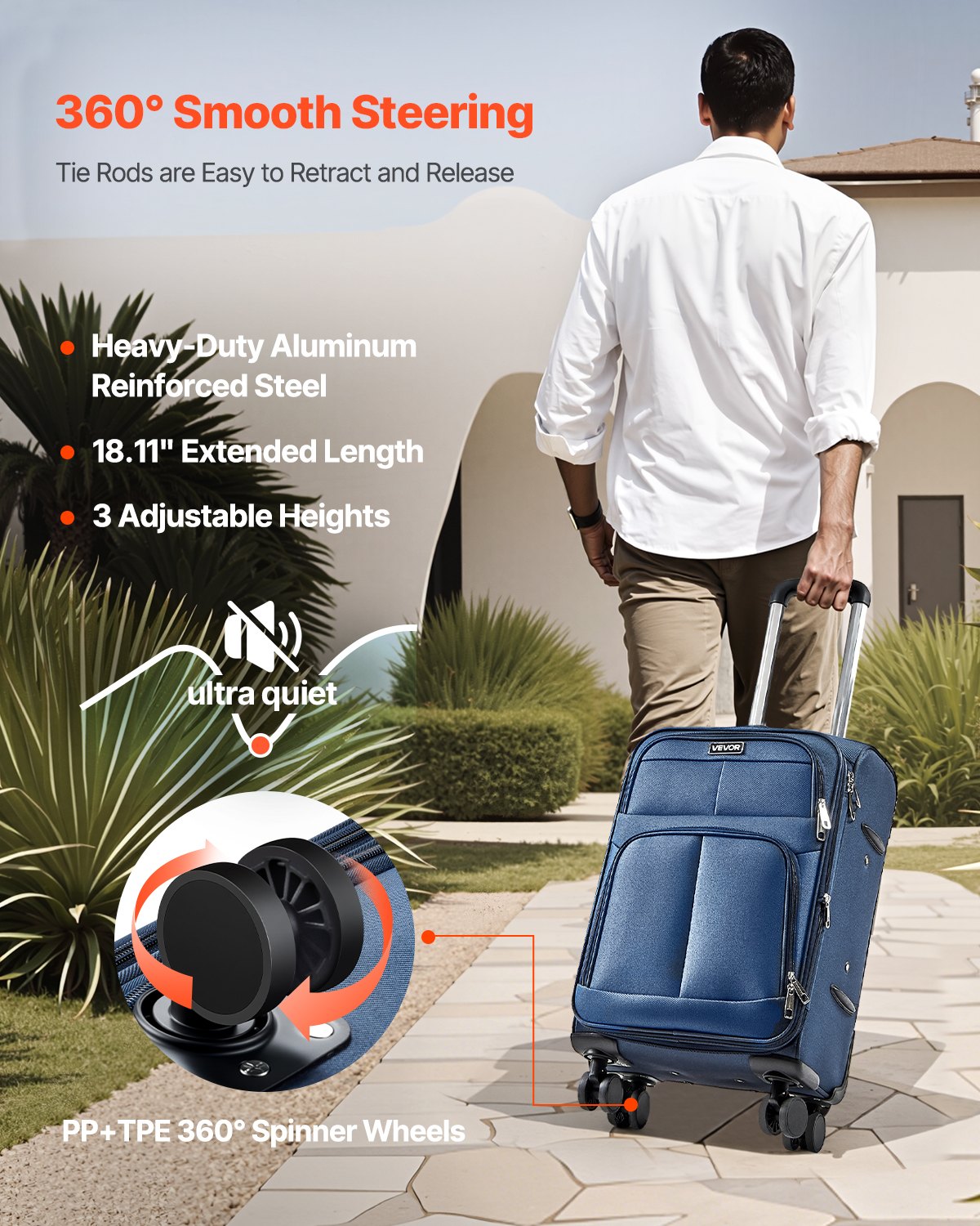 VEVOR Softside Expandable Luggage with Spinner Wheels, 20 inch / 50.8 cm Softside Carry on Luggage, Lightweight Checked Suitcase with Expandable Zippered Pocket and TSA Lock, Blue