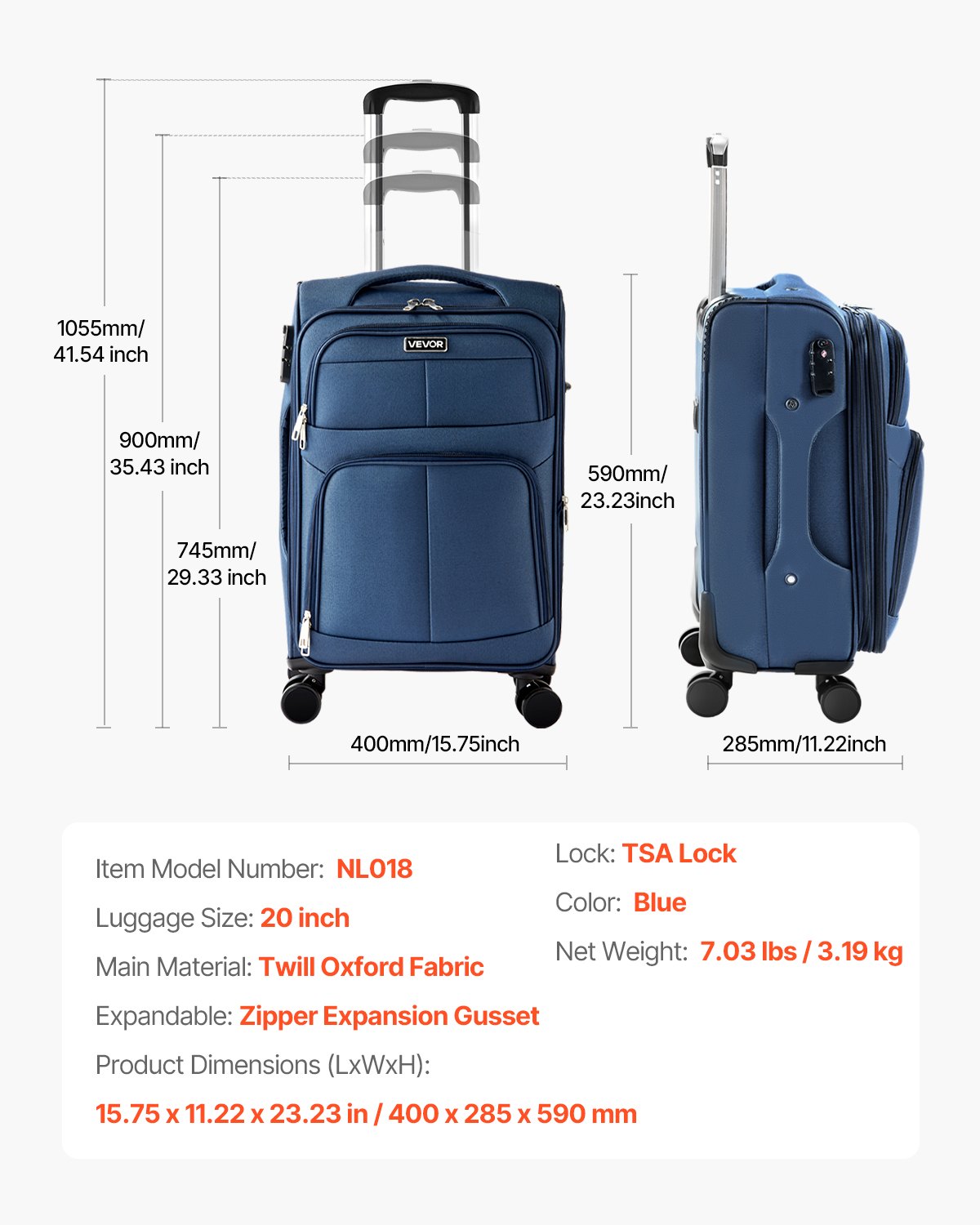 VEVOR Softside Expandable Luggage with Spinner Wheels, 20 inch / 50.8 cm Softside Carry on Luggage, Lightweight Checked Suitcase with Expandable Zippered Pocket and TSA Lock, Blue