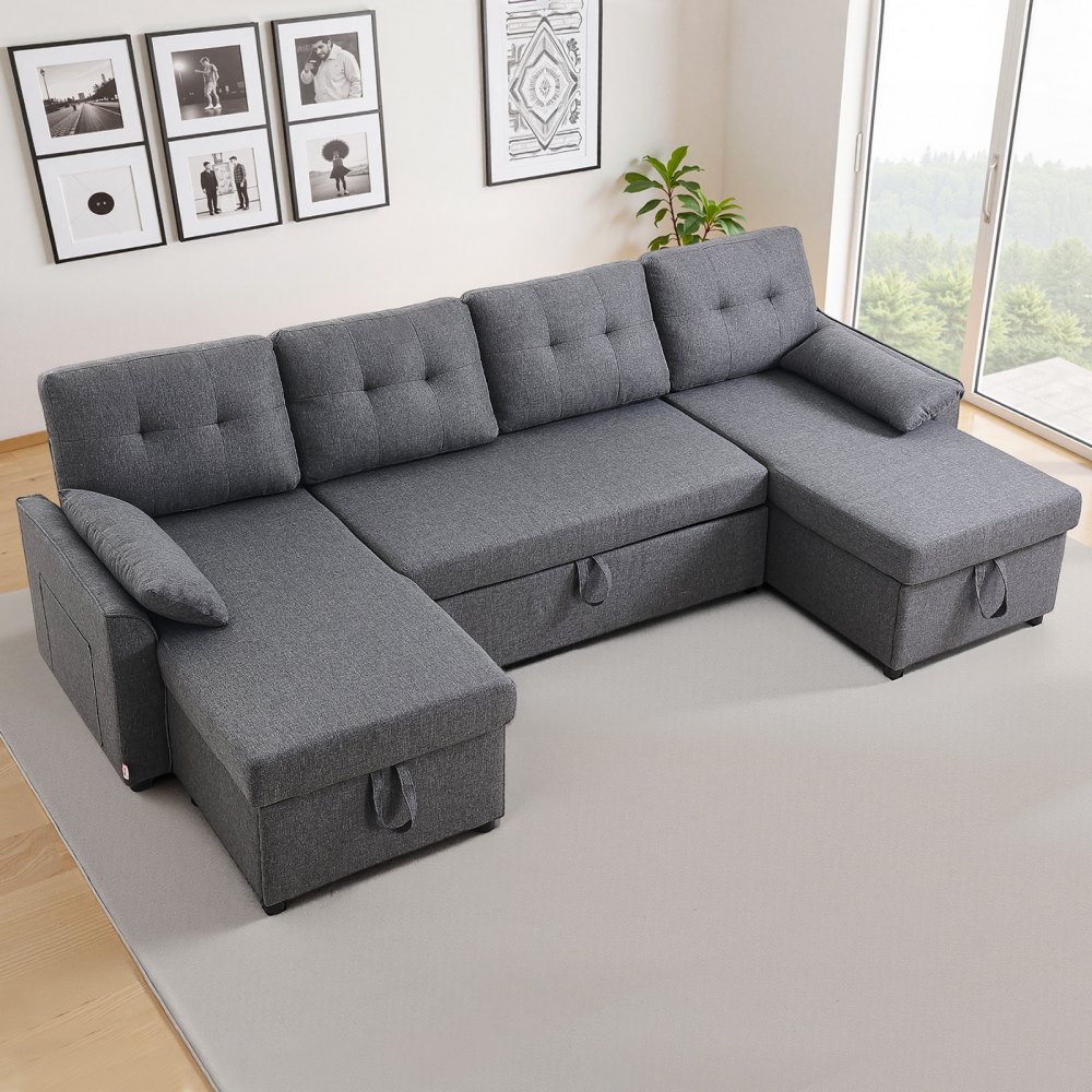 VEVOR U Shaped Sofa Bed, Convertible Sofa Bed with 2 Side Pockets, 2 Pillows and Double Chaise, 6-Seat Pull Out Sleeper Couch with Large Storage Capacity for Living Room, Apartment, Metal Frame, Gray