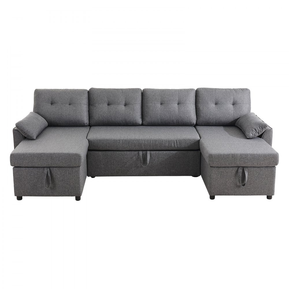 VEVOR U Shaped Sofa Bed, Convertible Sofa Bed with 2 Side Pockets, 2 Pillows and Double Chaise, 6-Seat Pull Out Sleeper Couch with Large Storage Capacity for Living Room, Apartment, Metal Frame, Gray