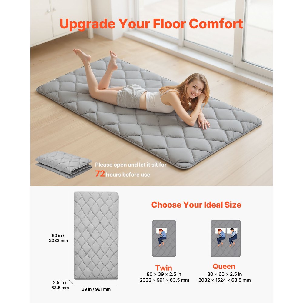 VEVOR Japanse futonmatras (2032 x 991 x 63,5 mm), opvouwbare tatami (eenpersoonsbedformaat), vloermatras met opbergtas en bevestigingsmateriaal, 9-laags slaapmat voor meditatie en yoga, grijs