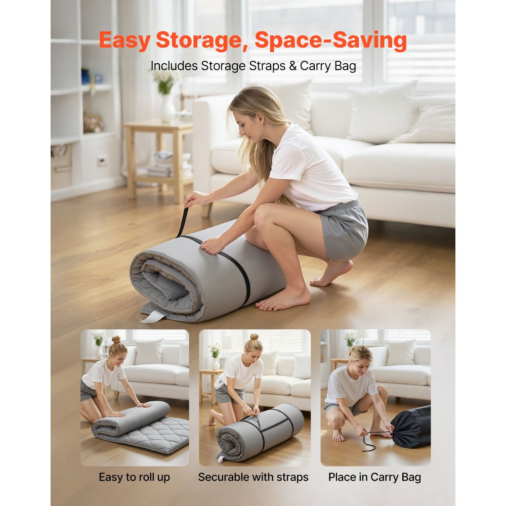 VEVOR Japanse futonmatras (2032 x 991 x 63,5 mm), opvouwbare tatami (eenpersoonsbedformaat), vloermatras met opbergtas en bevestigingsmateriaal, 9-laags slaapmat voor meditatie en yoga, grijs