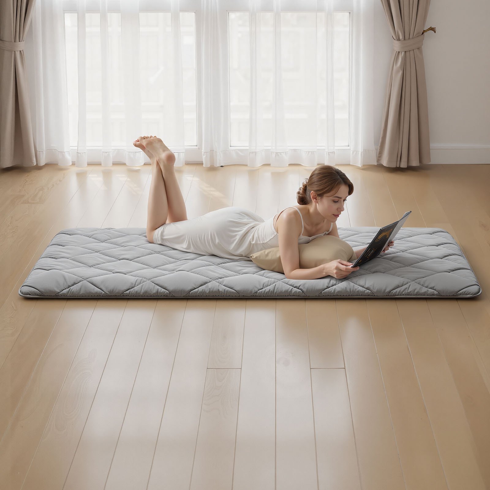 VEVOR Japanse futonmatras (2032 x 991 x 63,5 mm), opvouwbare tatami (eenpersoonsbedformaat), vloermatras met opbergtas en bevestigingsmateriaal, 9-laags slaapmat voor meditatie en yoga, grijs